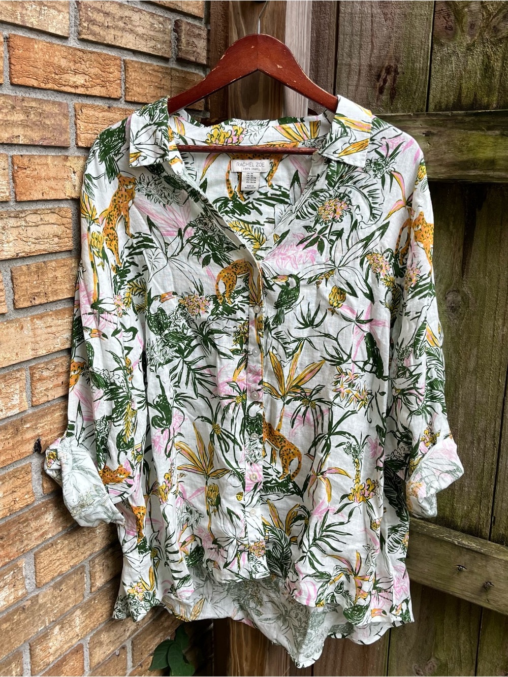 Rachel Zoe White Tropical Print 100% Linen Button-Front Women's Shirt
